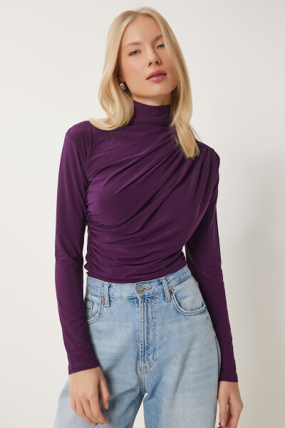 Women's Plum Ruched Detail Stand-up Collar Sandy Blouse FF00135 