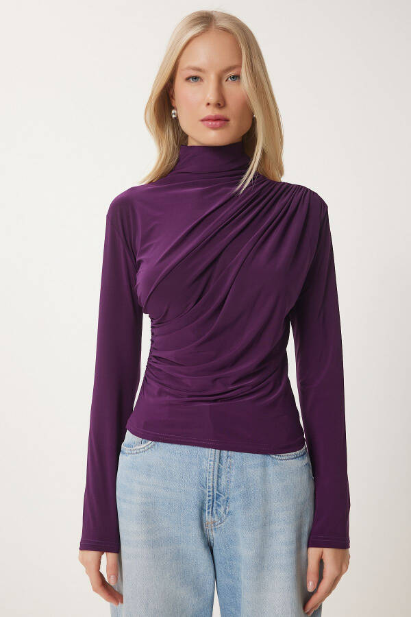 Women's Plum Ruched Detail Stand-up Collar Sandy Blouse FF00135 - 3