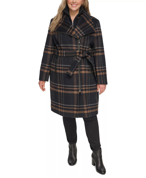 Womens Plus Size Belted Asymmetric Wrap Coat, Created for Modazone Black Plaid - 1