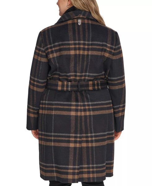 Womens Plus Size Belted Asymmetric Wrap Coat, Created for Modazone Black Plaid - 2