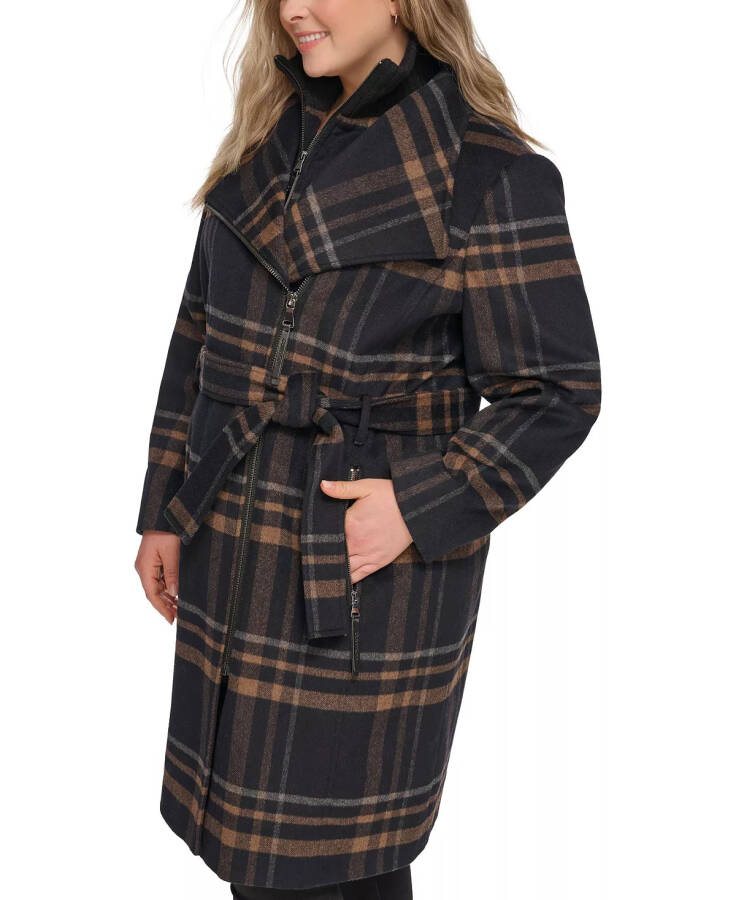 Womens Plus Size Belted Asymmetric Wrap Coat, Created for Modazone Black Plaid - 3