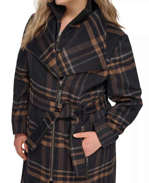 Womens Plus Size Belted Asymmetric Wrap Coat, Created for Modazone Black Plaid - 4