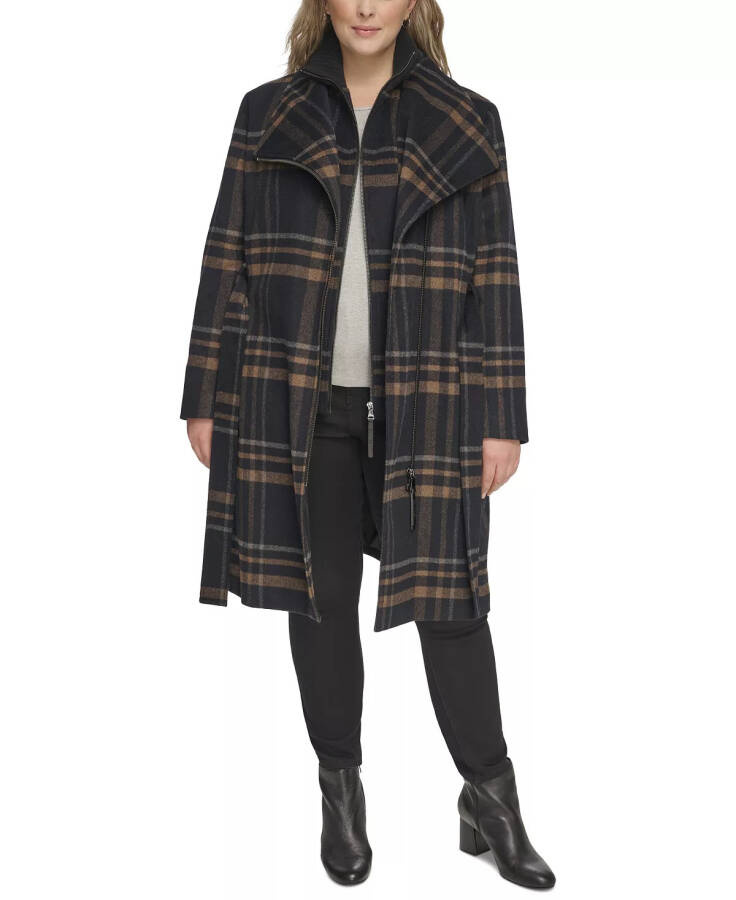 Womens Plus Size Belted Asymmetric Wrap Coat, Created for Modazone Black Plaid - 5