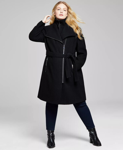 Womens Plus Size Belted Asymmetric Wrap Coat, Created for Modazone Black Twill - 1