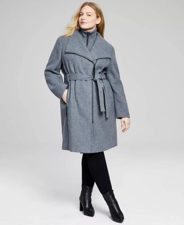 Womens Plus Size Belted Asymmetric Wrap Coat, Created for Modazone Med Grey - 1