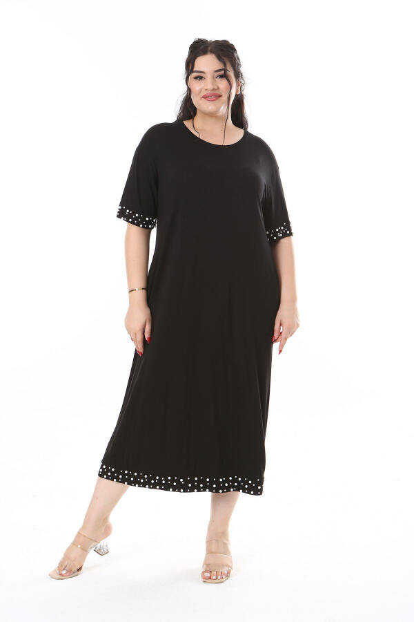 Women's Plus Size Black Viscose Dress with Pearl Details 65N38170 - 1