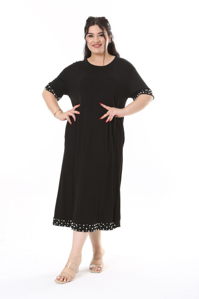 Women's Plus Size Black Viscose Dress with Pearl Details 65N38170 - 3