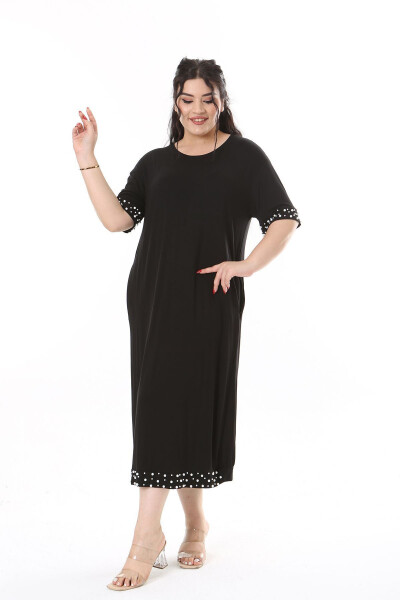 Women's Plus Size Black Viscose Dress with Pearl Details 65N38170 - 4