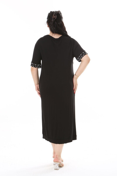 Women's Plus Size Black Viscose Dress with Pearl Details 65N38170 - 5