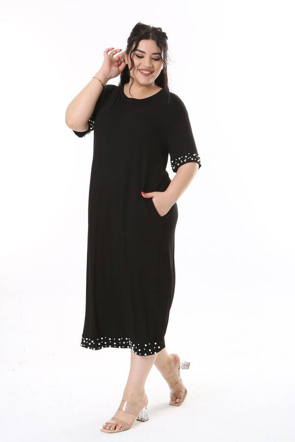 Women's Plus Size Black Viscose Dress with Pearl Details 65N38170 - 6