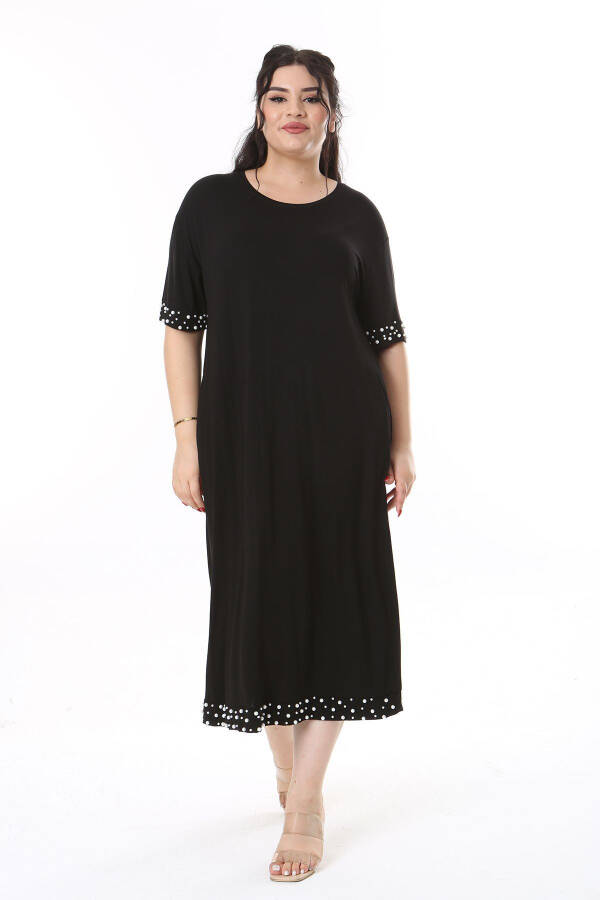 Women's Plus Size Black Viscose Dress with Pearl Details 65N38170 - 7