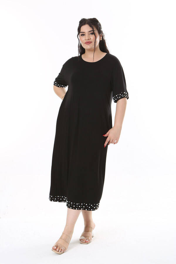 Women's Plus Size Black Viscose Dress with Pearl Details 65N38170 - 8