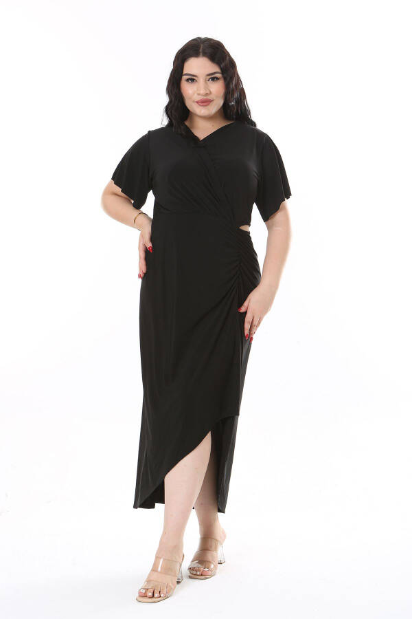 Women's Plus Size Black Wrap Neckline Belted Dress 65N38147 - 11