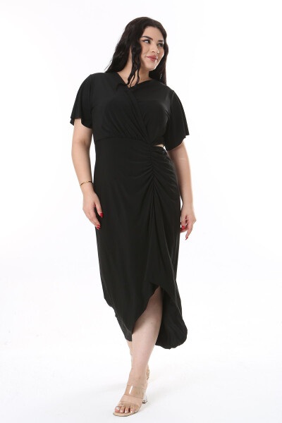 Women's Plus Size Black Wrap Neckline Belted Dress 65N38147 - 1