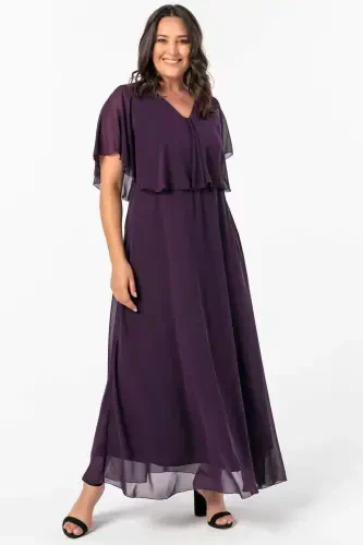 Women's Plus Size Chiffon V-Neck Cape Dress KL3065 Purple - 1