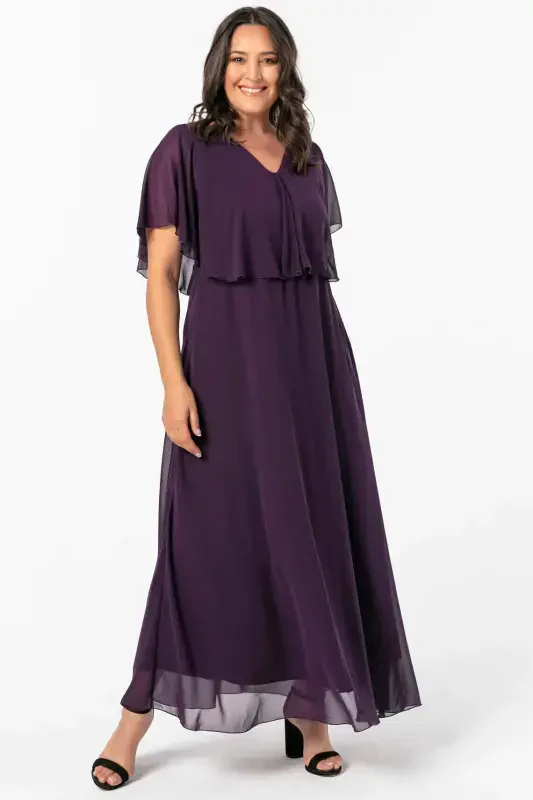 Women's Plus Size Chiffon V-Neck Cape Dress KL3065 Purple - 1