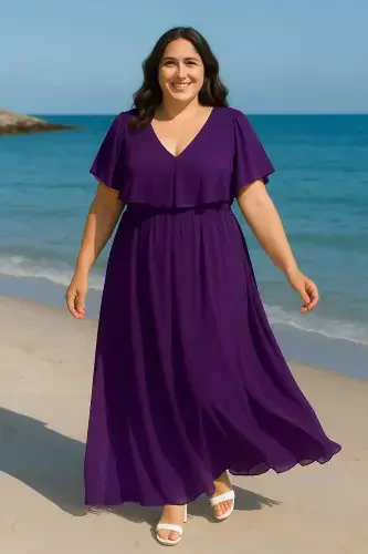Women's Plus Size Chiffon V-Neck Cape Dress KL3065 Purple - 3