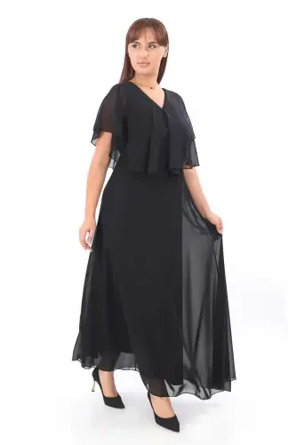 Women's Plus Size Chiffon V Neck Cape Plus Size Elegant Black Evening Dress KL3065 - 1