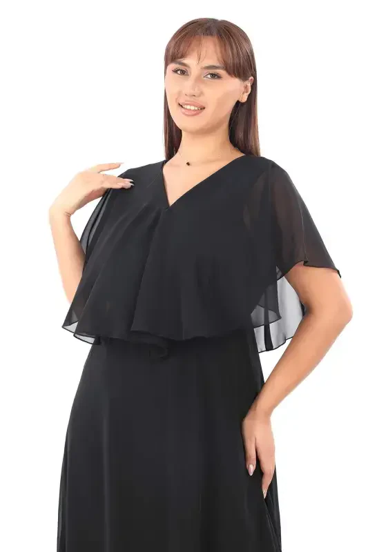 Women's Plus Size Chiffon V Neck Cape Plus Size Elegant Black Evening Dress KL3065 - 2