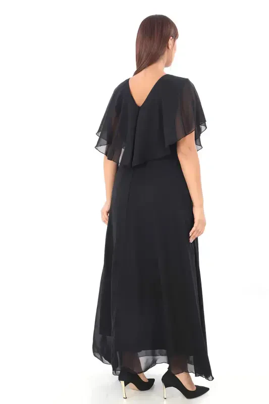 Women's Plus Size Chiffon V Neck Cape Plus Size Elegant Black Evening Dress KL3065 - 3