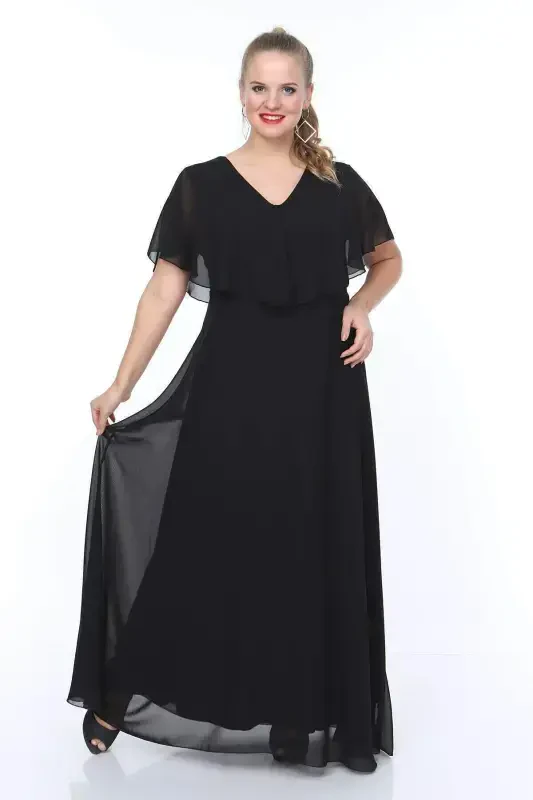 Women's Plus Size Chiffon V Neck Cape Plus Size Elegant Black Evening Dress KL3065 - 6