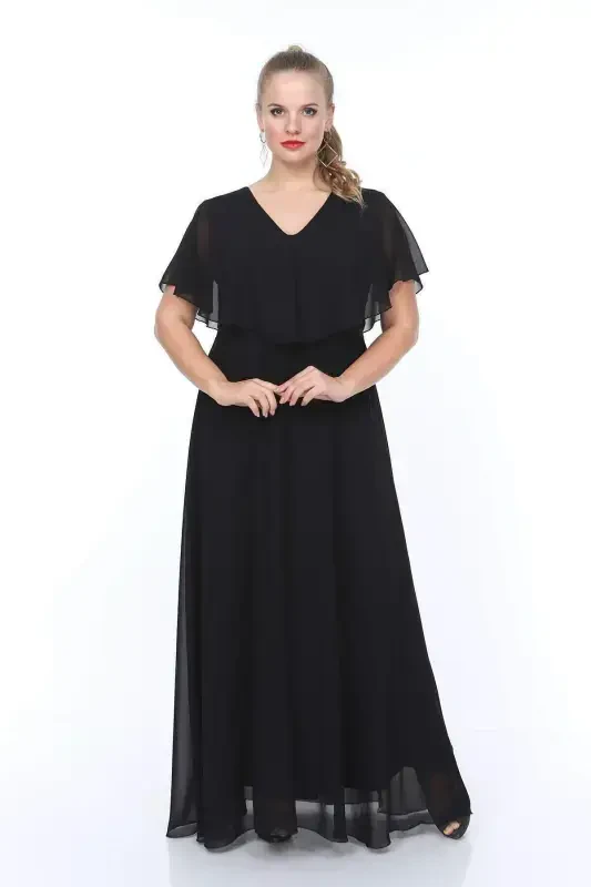 Women's Plus Size Chiffon V Neck Cape Plus Size Elegant Black Evening Dress KL3065 - 7