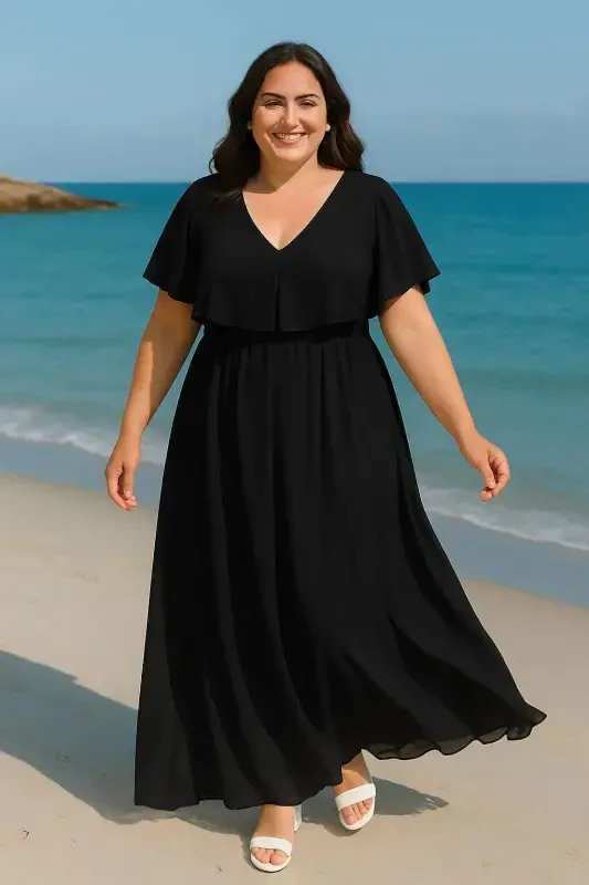 Women's Plus Size Chiffon V Neck Cape Plus Size Elegant Black Evening Dress KL3065 - 8