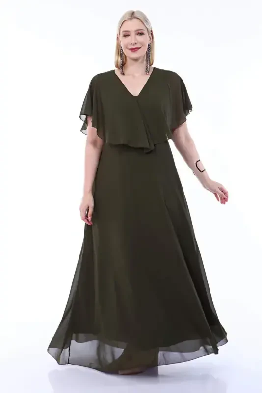 Women's Plus Size Chiffon V Neck Cape Plus Size Elegant Dress KL3065 Khaki - 1