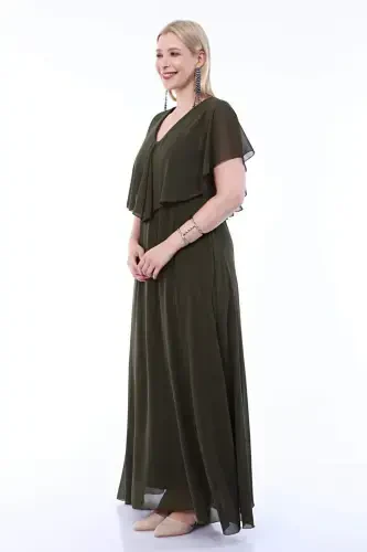 Women's Plus Size Chiffon V Neck Cape Plus Size Elegant Dress KL3065 Khaki - BÜYÜKBEDENIZ (1)