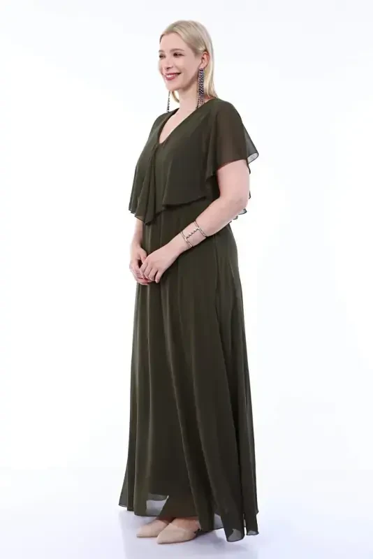 Women's Plus Size Chiffon V Neck Cape Plus Size Elegant Dress KL3065 Khaki - 2
