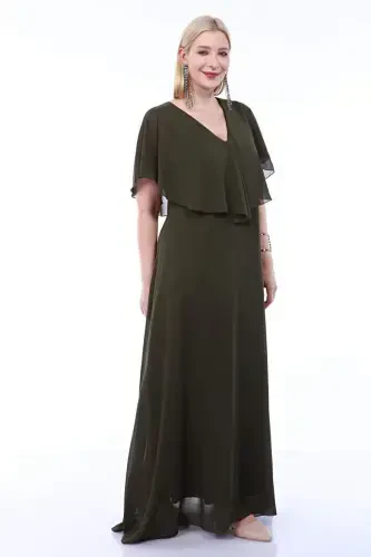 Women's Plus Size Chiffon V Neck Cape Plus Size Elegant Dress KL3065 Khaki - 3