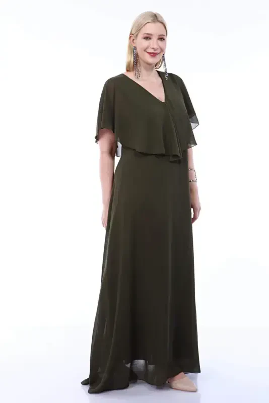 Women's Plus Size Chiffon V Neck Cape Plus Size Elegant Dress KL3065 Khaki - 3