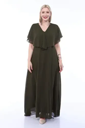 Women's Plus Size Chiffon V Neck Cape Plus Size Elegant Dress KL3065 Khaki - 4