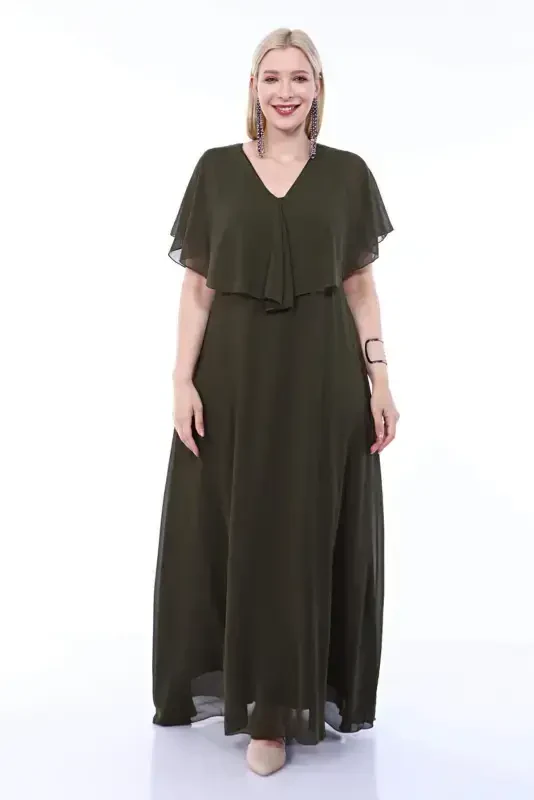 Women's Plus Size Chiffon V Neck Cape Plus Size Elegant Dress KL3065 Khaki - 4