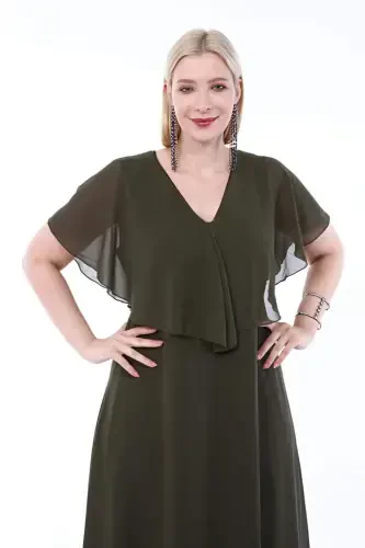 Women's Plus Size Chiffon V Neck Cape Plus Size Elegant Dress KL3065 Khaki - 5