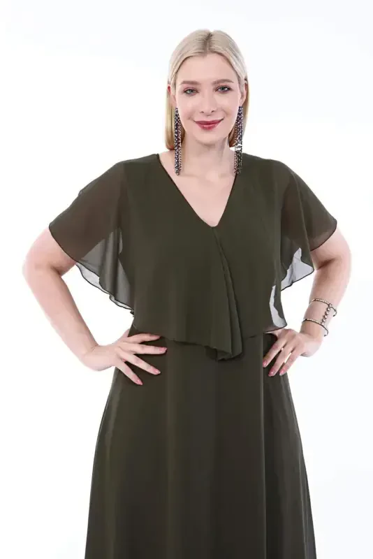 Women's Plus Size Chiffon V Neck Cape Plus Size Elegant Dress KL3065 Khaki - 5