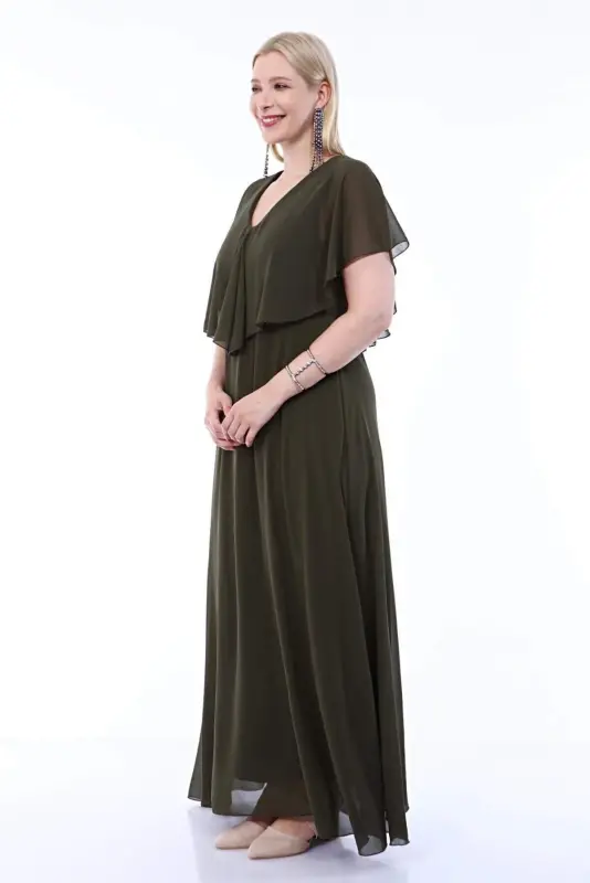 Women's Plus Size Chiffon V Neck Cape Plus Size Elegant Dress KL3065 Khaki - 2