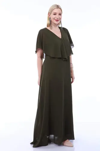 Women's Plus Size Chiffon V Neck Cape Plus Size Elegant Dress KL3065 Khaki - 3