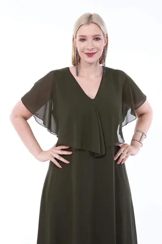 Women's Plus Size Chiffon V Neck Cape Plus Size Elegant Dress KL3065 Khaki - 5
