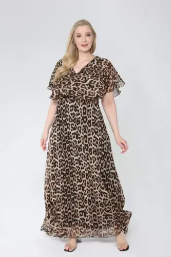 Women's Plus Size Chiffon V Neck Cape Plus Size Elegant Dress LEOPARD KL3065 - BÜYÜKBEDENIZ (1)