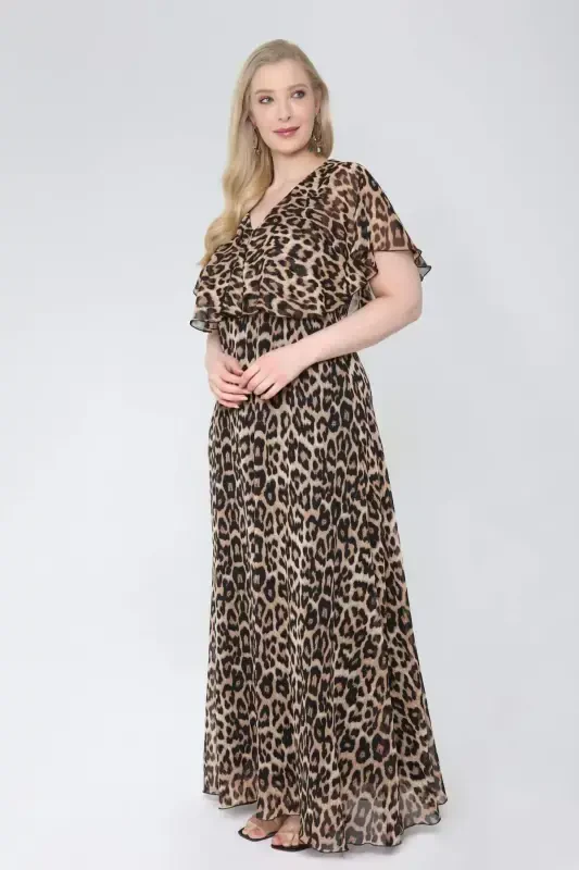 Women's Plus Size Chiffon V Neck Cape Plus Size Elegant Dress LEOPARD KL3065 - 4