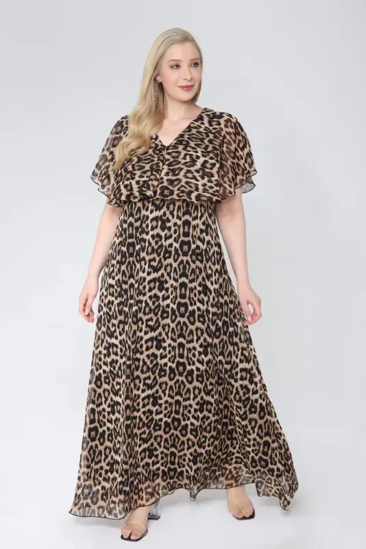 Women's Plus Size Chiffon V Neck Cape Plus Size Elegant Dress LEOPARD KL3065 - BÜYÜKBEDENIZ