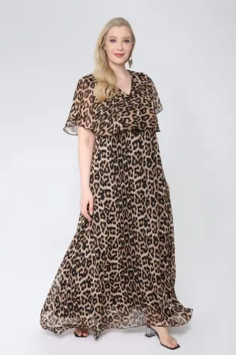 Women's Plus Size Chiffon V Neck Cape Plus Size Elegant Dress LEOPARD KL3065 - 3