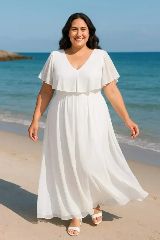 Women's Plus Size Chiffon V-Neck Cape Plus Size Elegant Dress White KL3065 - BÜYÜKBEDENIZ