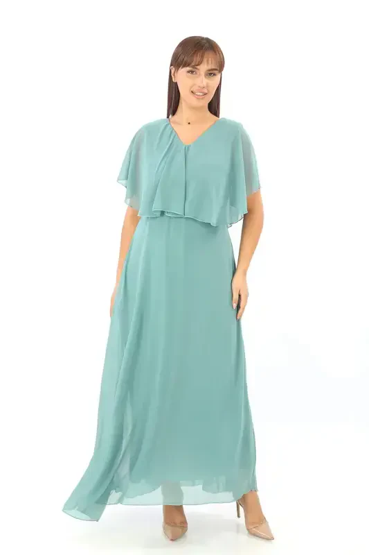 Women's Plus Size Chiffon V-Neck Caped Plus Size Elegant Çağla Green Evening Dress KL3065 - 2