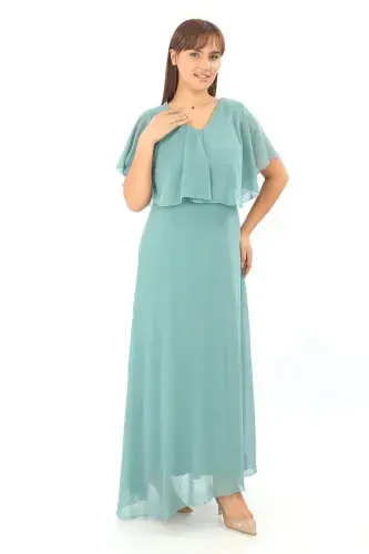 Women's Plus Size Chiffon V-Neck Caped Plus Size Elegant Çağla Green Evening Dress KL3065 - 3