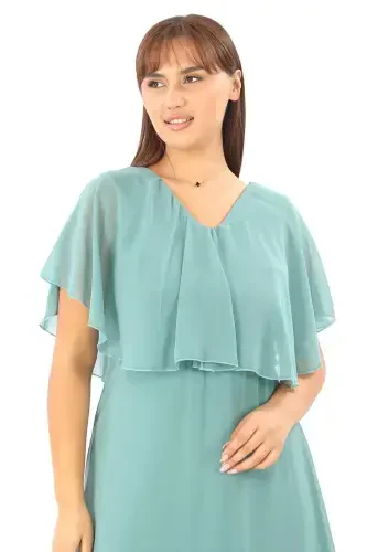 Women's Plus Size Chiffon V-Neck Caped Plus Size Elegant Çağla Green Evening Dress KL3065 - 4