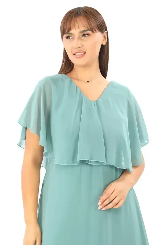 Women's Plus Size Chiffon V-Neck Caped Plus Size Elegant Çağla Green Evening Dress KL3065 - 4