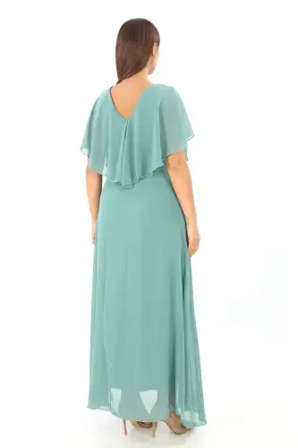 Women's Plus Size Chiffon V-Neck Caped Plus Size Elegant Çağla Green Evening Dress KL3065 - 5