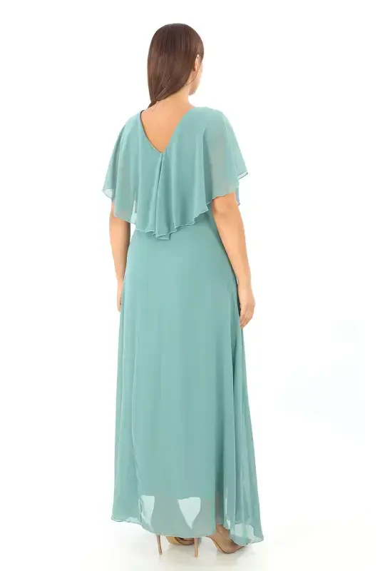 Women's Plus Size Chiffon V-Neck Caped Plus Size Elegant Çağla Green Evening Dress KL3065 - 5